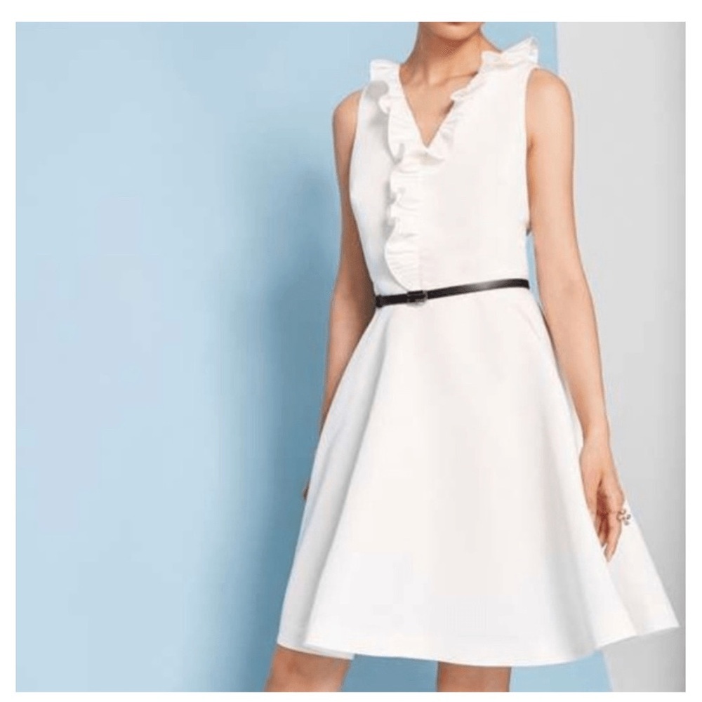 Ted Baker London Ivory White V Neck Ruffle Midi Dress Sz 2 M NEW $250 EU